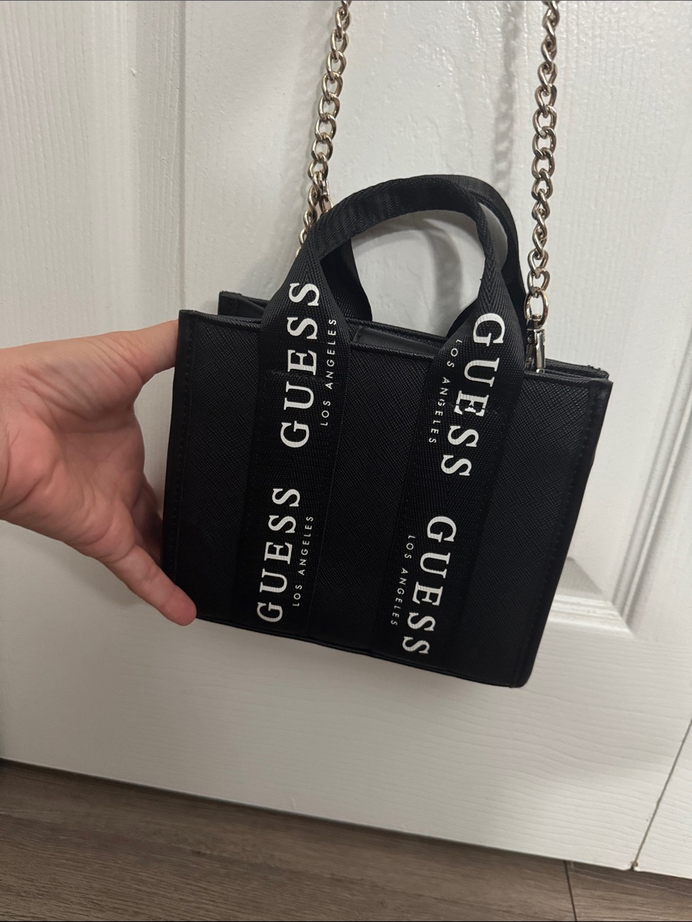 GUESS Black Mini Tote with Logo Strap and Chain